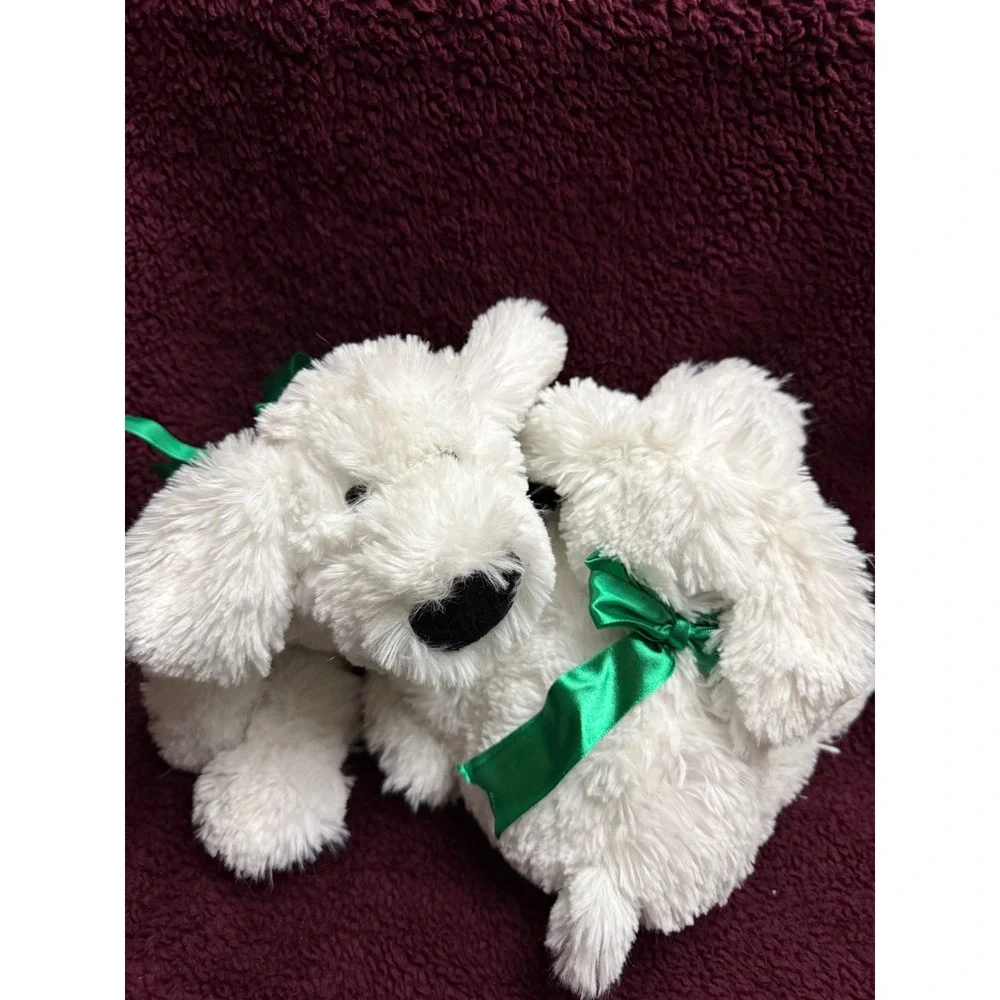 Set of 2 White Plush Puppy Dogs Shaggy Soft Stuffed Animal Green Bow 7 Inch